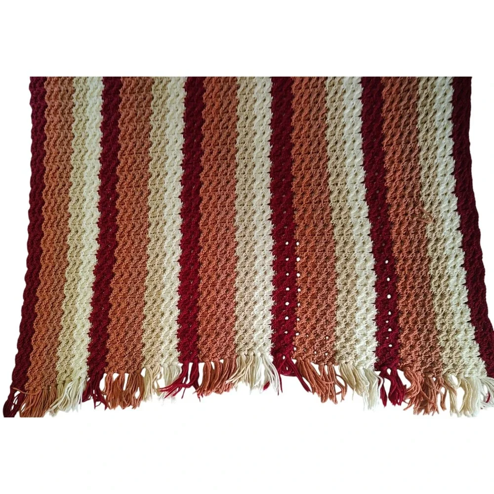 Vintage Crochet Handmade Afghan Throw Blanket  Rust Orange Tan‎ Beige 73x42 In